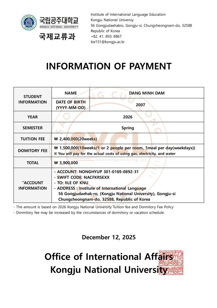 Học phí và các khoản phí đi kèm được in trên invoice trường Hàn Học phí và các khoản phí đi kèm được in trên invoice trường Hàn