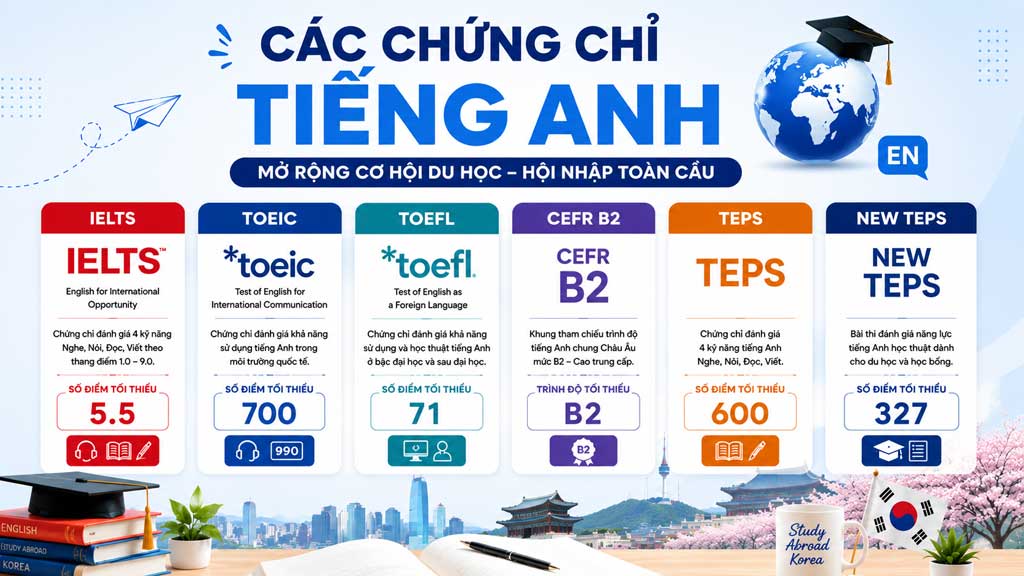 Các chứng chỉ tiếng Anh phổ biến cho chương trình du học Hàn Quốc bằng tiếng Anh Các chứng chỉ tiếng Anh phổ biến cho chương trình du học Hàn Quốc bằng tiếng Anh