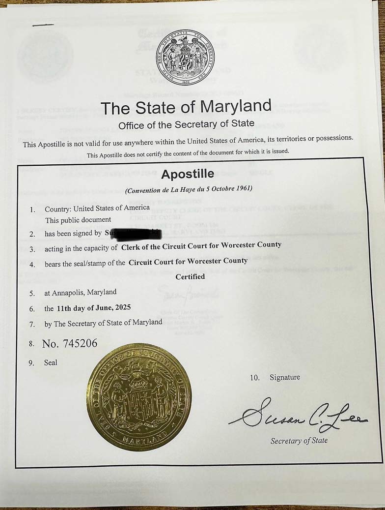 Apostille được cấp tại tiểu bang Maryland - Hoa Kỳ