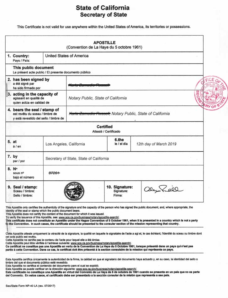 Chững nhận Apostille được cấp tại bang California - Hoa Kỳ