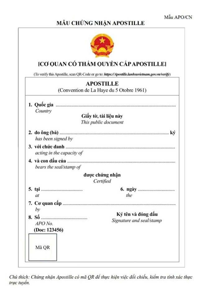 Mẫu chứng nhận Apostille tại Việt Nam